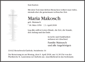 Traueranzeige von Maria Makosch von Die Glocke