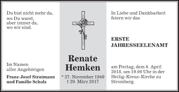 Traueranzeige von Renate Hemken von Die Glocke