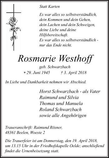 Traueranzeige von Rosmarie Westhoff von Die Glocke
