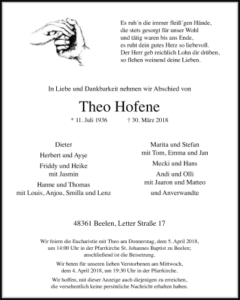 Traueranzeige von Theo Hofene von Die Glocke