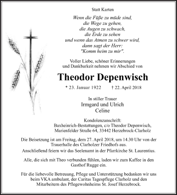 Traueranzeige von Theodor Depenwisch von Die Glocke