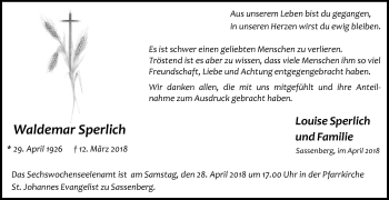 Traueranzeige von Waldemar Sperlich von Die Glocke