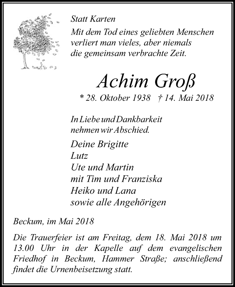  Traueranzeige für Achim Groß vom 16.05.2018 aus Die Glocke