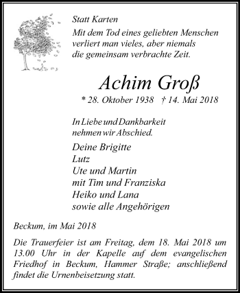 Traueranzeige von Achim Groß von Die Glocke