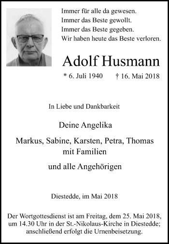 Traueranzeige von Adolf Husmann von Die Glocke