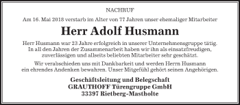 Traueranzeige von Adolf Husmann von Die Glocke