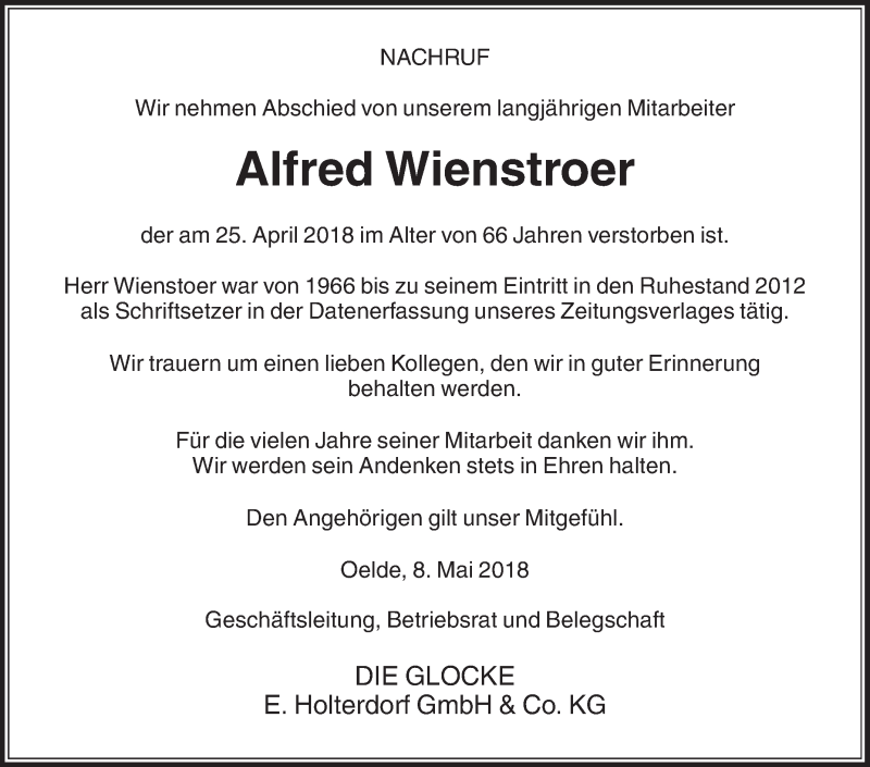  Traueranzeige für Alfred Wienstroer vom 08.05.2018 aus Die Glocke