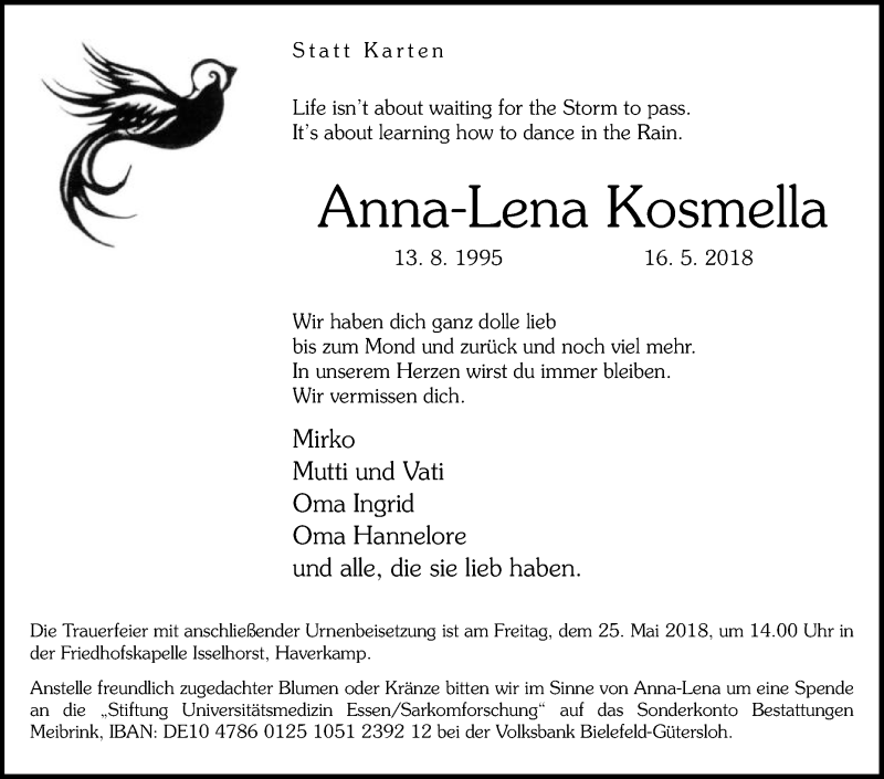  Traueranzeige für Anna-Lena Kosmella vom 19.05.2018 aus Die Glocke