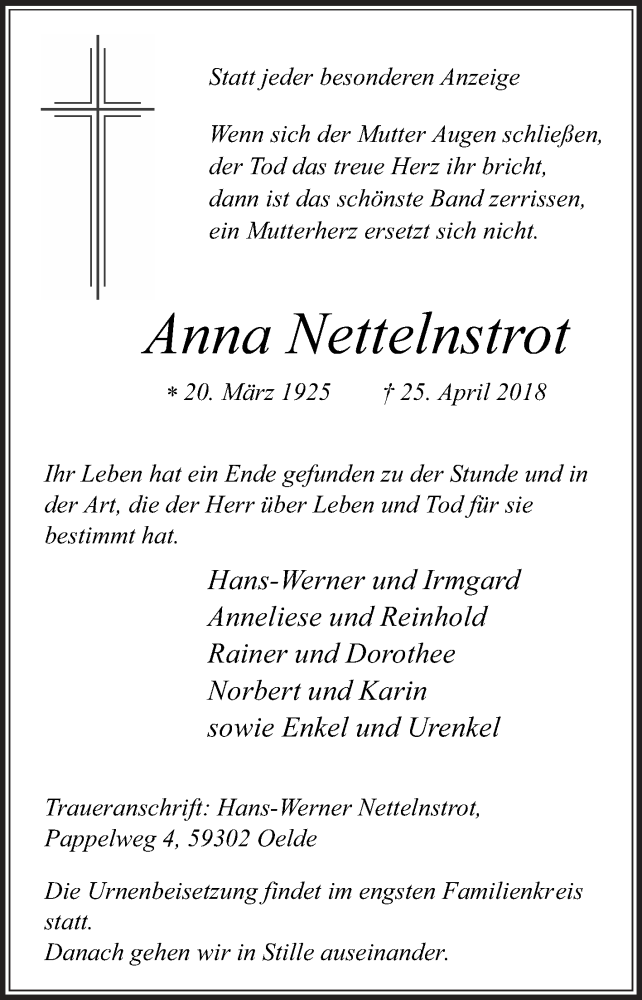  Traueranzeige für Anna Nettelnstrot vom 19.05.2018 aus Die Glocke