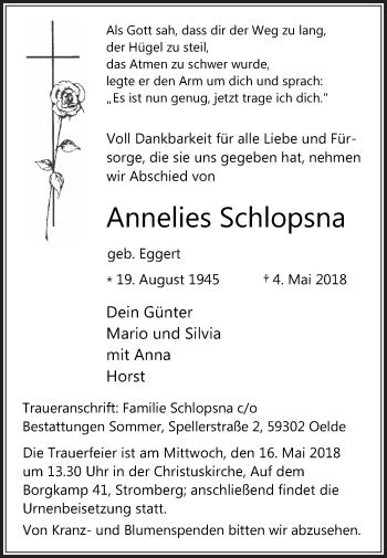 Traueranzeige von Annelies Schlopsna von Die Glocke