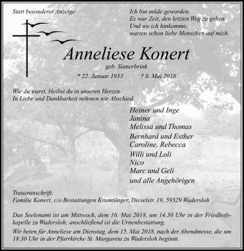 Traueranzeige von Anneliese Konert von Die Glocke
