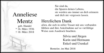 Traueranzeige von Anneliese Mentz von Die Glocke