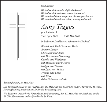 Traueranzeige von Anny Tigges von Die Glocke