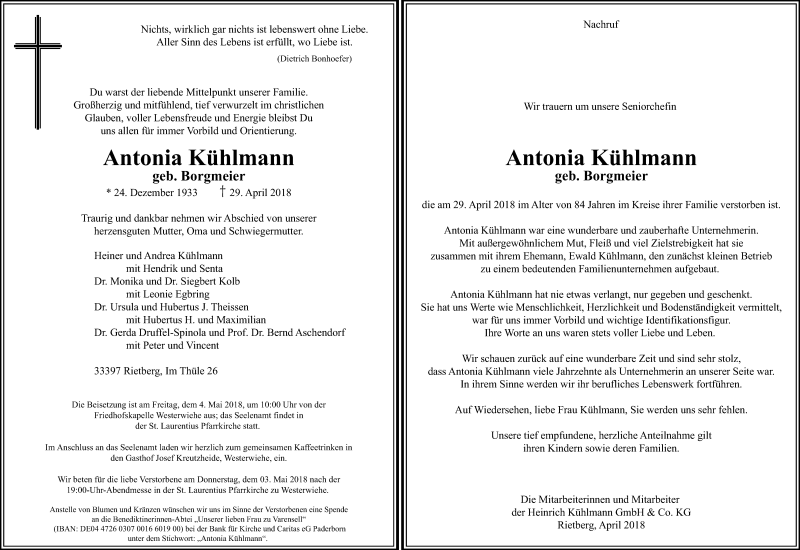  Traueranzeige für Antonia Kühlmann vom 01.05.2018 aus Die Glocke