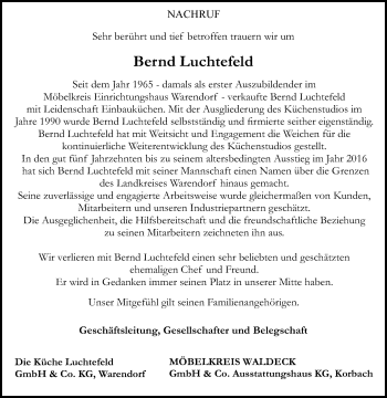 Traueranzeige von Bernd Luchtefeld von Die Glocke