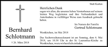Traueranzeige von Bernhard Schlotmann von Die Glocke