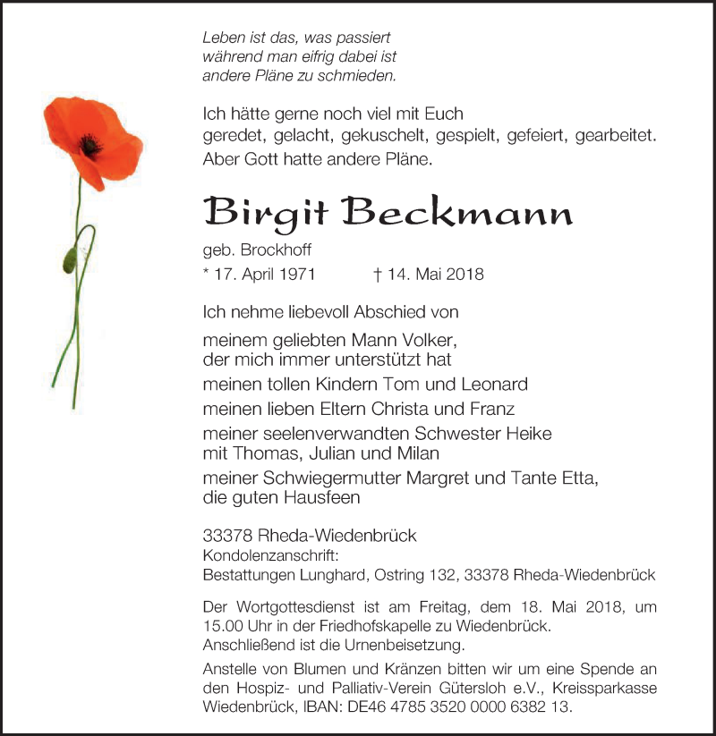  Traueranzeige für Birgit Beckmann vom 16.05.2018 aus Die Glocke
