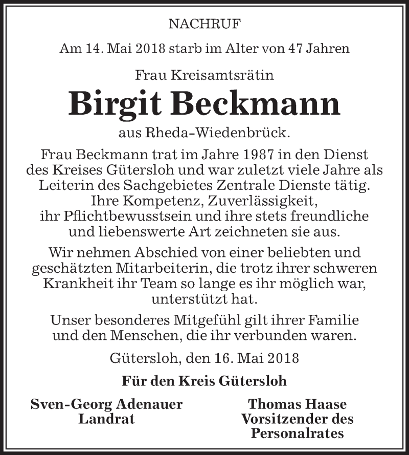  Traueranzeige für Birgit Beckmann vom 18.05.2018 aus Die Glocke