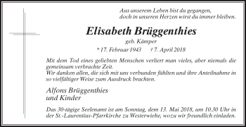 Traueranzeige von Elisabeth Brüggenthies von Die Glocke