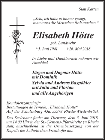 Traueranzeige von Elisabeth Hötte von Die Glocke