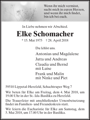 Traueranzeige von Elke Schomacher von Die Glocke