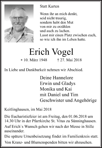 Traueranzeige von Erich Vogel von Die Glocke