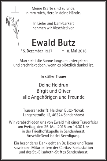 Traueranzeige von Ewald Butz von Die Glocke