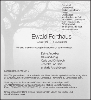 Traueranzeige von Ewald Forthaus von Die Glocke
