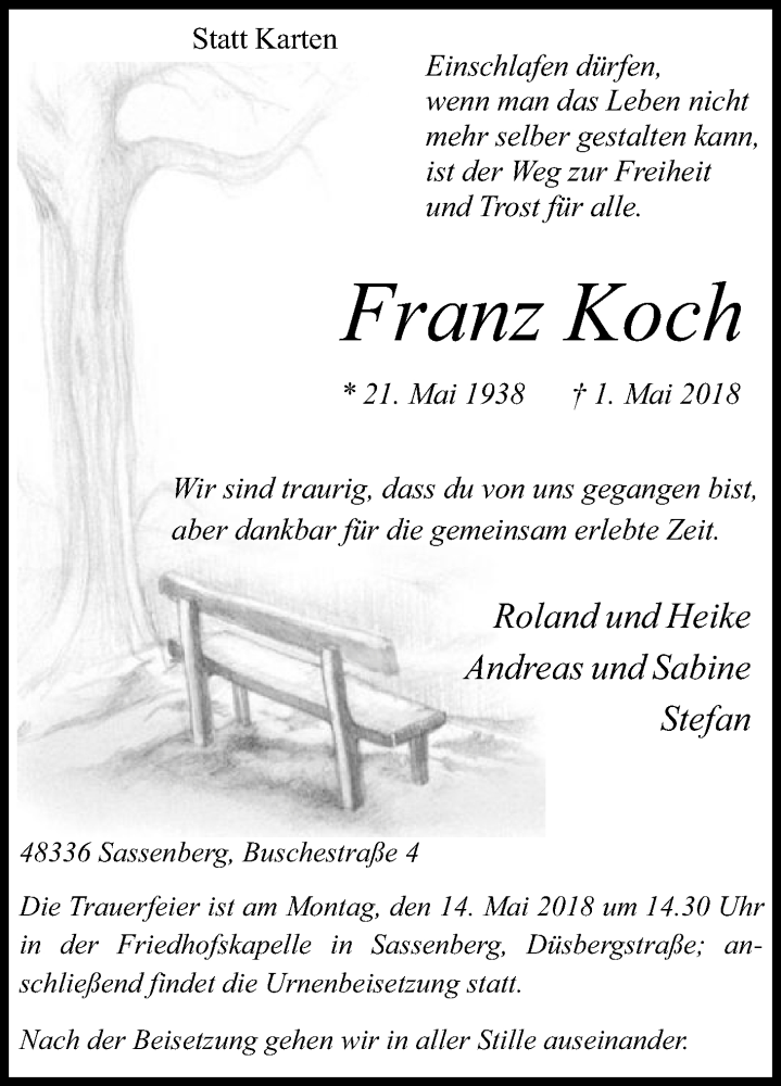  Traueranzeige für Franz Koch vom 05.05.2018 aus Die Glocke