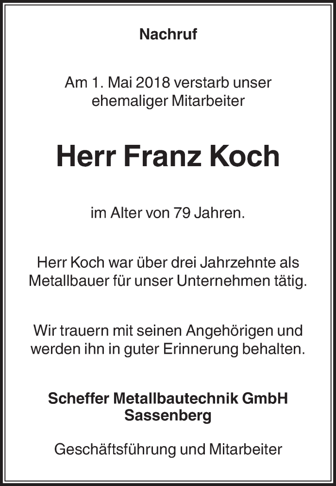  Traueranzeige für Franz Koch vom 05.05.2018 aus Die Glocke