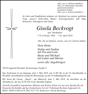 Traueranzeige von Gisela Beckvogt von Die Glocke