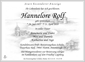 Traueranzeige von Hannelore Rolf von Die Glocke