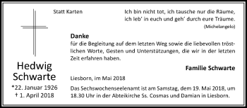 Traueranzeige von Hedwig Schwarte von Die Glocke