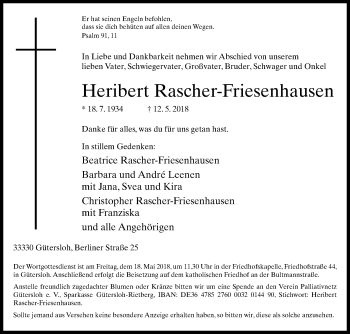 Traueranzeige von Heribert Rascher-Friesenhausen von Die Glocke
