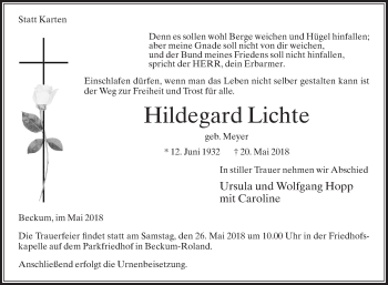 Traueranzeige von Hildegard Lichte von Die Glocke