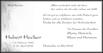 Traueranzeige von Hubert Hecker von Die Glocke