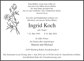 Traueranzeige von Ingrid Koch von Die Glocke