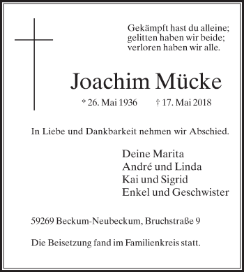 Traueranzeige von Joachim Mücke von Die Glocke