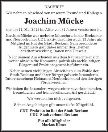 Traueranzeige von Joachim Mücke von Die Glocke