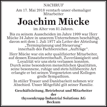 Traueranzeige von Joachim Mücke von Die Glocke