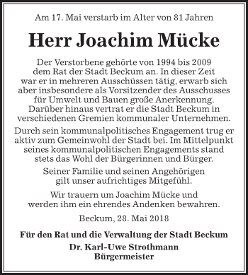 Traueranzeige von Joachim Mücke von Die Glocke