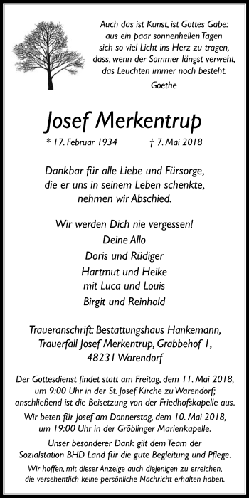 Traueranzeige von Josef Merkentrup von Die Glocke