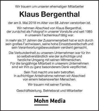 Traueranzeige von Klaus Bergenthal von Die Glocke