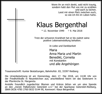 Traueranzeige von Klaus Bergenthal von Die Glocke