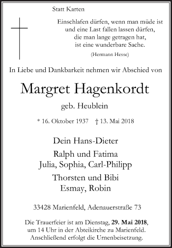 Traueranzeige von Margret Hagenkordt von Die Glocke