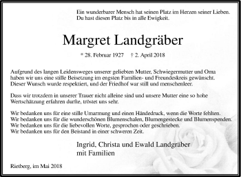 Traueranzeige von Margret Landgräber von Die Glocke