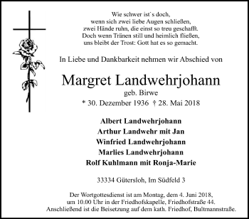 Traueranzeige von Margret Landwehrjohann von Die Glocke