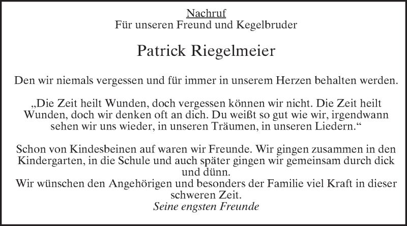  Traueranzeige für Patrick Riegelmeier vom 19.05.2018 aus Die Glocke