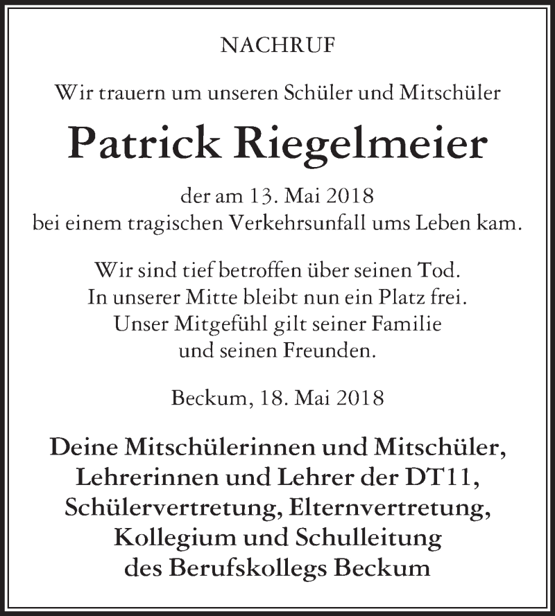  Traueranzeige für Patrick Riegelmeier vom 19.05.2018 aus Die Glocke