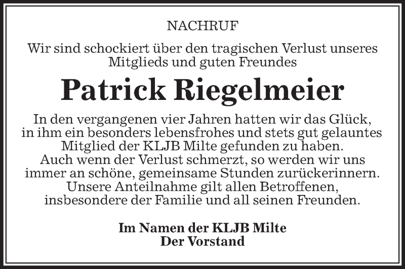  Traueranzeige für Patrick Riegelmeier vom 18.05.2018 aus Die Glocke